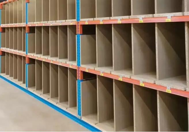 Wide-range shelving with wooden partitions